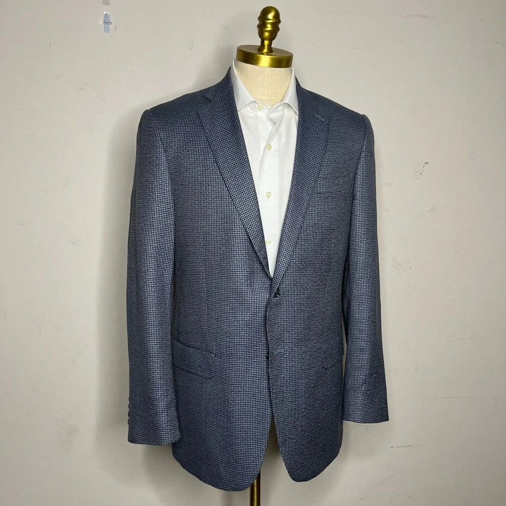 Hart Schaffner & Marx Sport Coat Mens Blue‎ Houndstooth Check Wool Size 42L